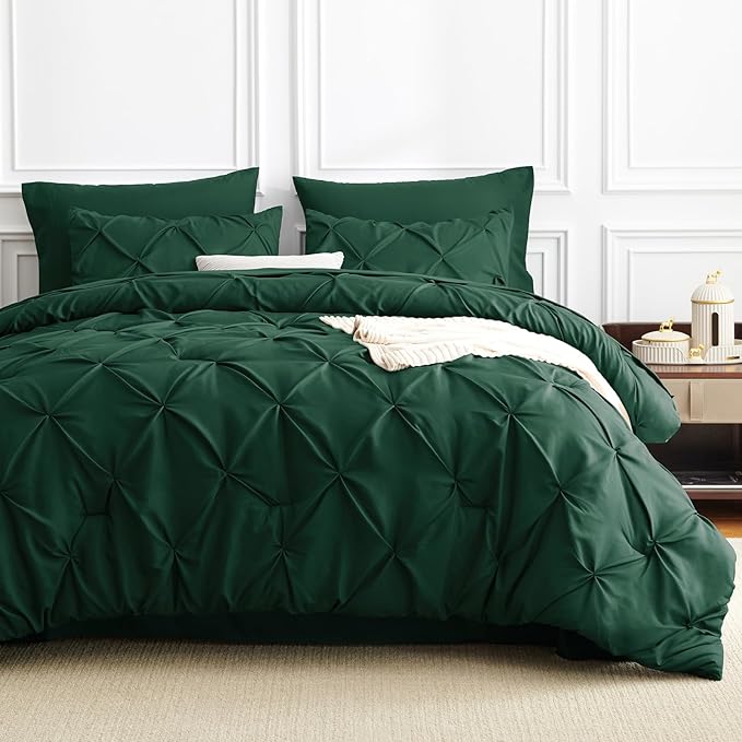 CozyLux Queen Comforter Set Emerald Green, 7 Pieces Pintuck Bed in A Bag, Premium Green Comforter Queen Size, Pinch Pleat Bedding Sets with Comforter, Sheets, Pillowcases & Shams