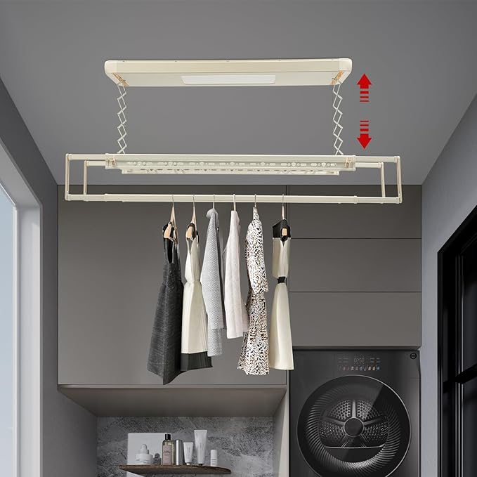Electric Retractable Airing Rack, Ceiling Mounted Clothes Drying Rack, Retractable Clothesline, Vertical Laundry Drying Rod with LED Light & Remote, 110V 24W, Off-White Color
