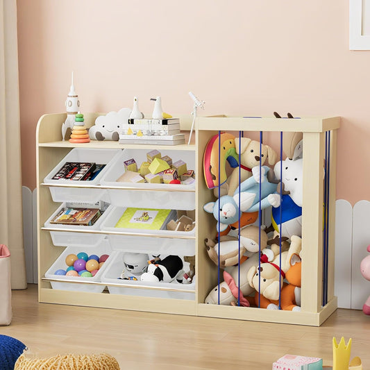 Kids Toy Storage Organizer with 6 Removable Plastic Bins Toddler Montessori Bookshelf with Stuffed Animal Net Holder Baby Bookcase Plush Organizer for Playroom,Bedroom,Kids Room,Classroom