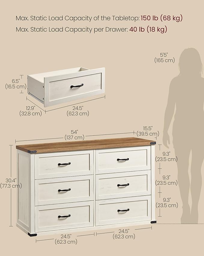 VASAGLE LIRY Collection - 6-Drawer Dresser for Bedroom, 54-Inch Wide Modern Farmhouse Chest of Drawers with Metal Handles, TV Stand, for Living Room, Entryway, Anti-Tipping, Rustic White ULTS661WJ01S
