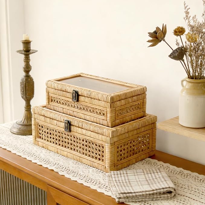 Rattan and Cane Stacking Boxes with Glass Top Lid - Set of 2 for Boho, and Rustic Farmhouse Decor