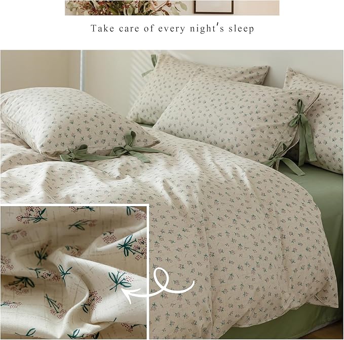 Full Comforter Set Vintage Green Floral Bedding Comforter Boho Flower Cottagecore Comforter with 2 Bow Ties Pillowcases Fluffy Lightweight Bedding Farmhouse Botanical Comforter Set