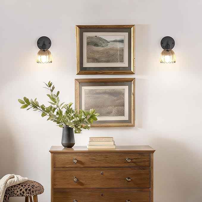 Vintage Battery Operated Wall Sconce with Amber Tulip Glass Lampshade Rechargeable Battery Powered Black Wall Light with Remote Control for Bedside Bedroom Doorway, Set of 2