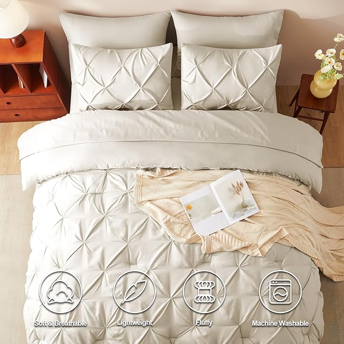 CozyLux King Size Comforter Set Beige, 7 Pieces Bed in A Bag Beige Comforter King Size, Pinch Pleat Bedding Set with All Season Comforter, Sheets, Pillowcases & Shams