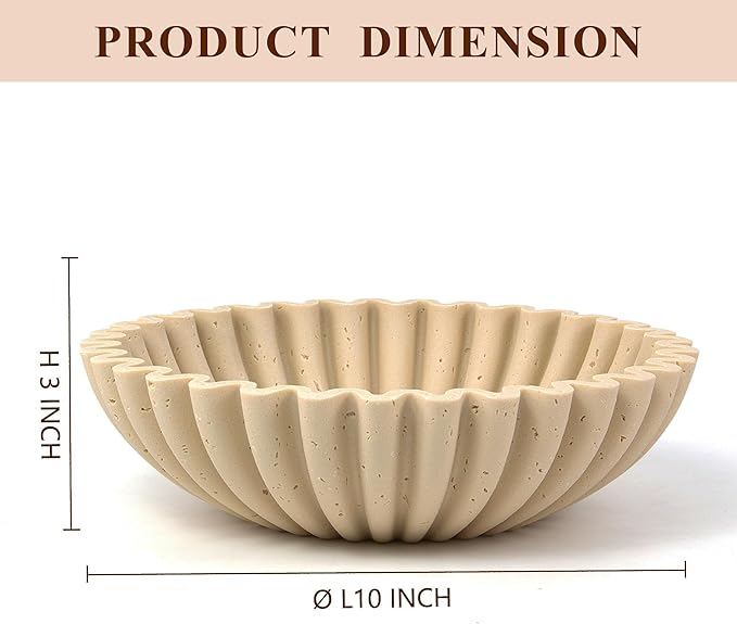 Large Decorative Bowl, Modern Handicraft Bowls for Home Decor, Decorative Fruit Bowl for Kitchen Counter, Ruffle Decor, Stylish Key Bowl for Entry Table, Artificial Travertine Beige