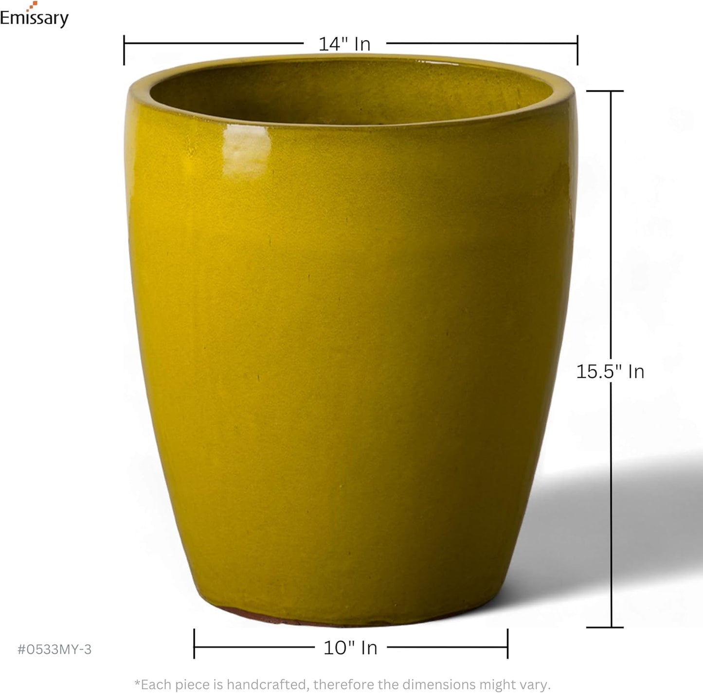 Emissary Bullet 14 in. Mustard Yellow Ceramic Round Planter (14 in. L x 14 in. W x 15.5 in. H) with Drainage Hole