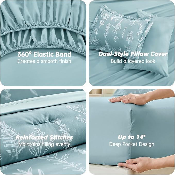 MUXHOMO Blue Full Comforter Set, Elegant Floral Print Bed in a Bag 7 Pieces, Ultra Soft & Breathable Reversible Botanical Pattern Bedding Set with Comforter, Sheets, Pillowcases, and Shams