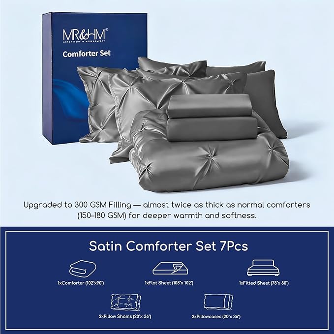 MR&HM Satin Comforter King 7 Pieces - Luxurious Pinch Pleat Bedding Set with Comforter, Flat Sheet, Fitted Sheet, Pillowcases & Shams, Super Silky Soft Bed Set for All Season (King, Dark Grey)