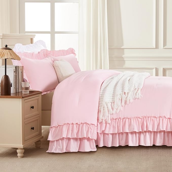 Andency Super King Ruffle Comforter Set, 3 Pieces Cute Shabby Chic Farmhouse Bedding Set, Soft Lightweight Oversized King Comforter Set 120x120 for Girls Women (1 Comforter 2 Pillowcases), Pink