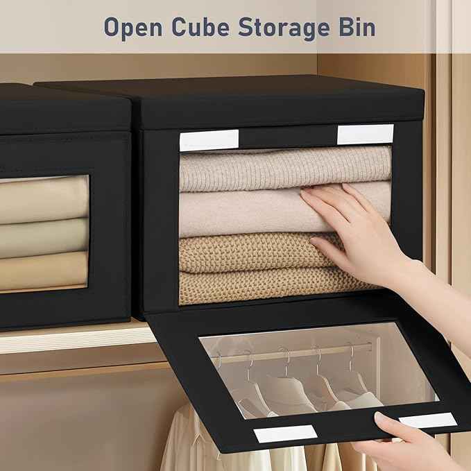 DIMJ Storage Bins with Lids - 6 Pack Large Fabric Closet Organizer with Window & Handles, Collapsible Decorative Storage Boxes for Shelves Under Bed, Books Clothes Blankets Sweaters Organization