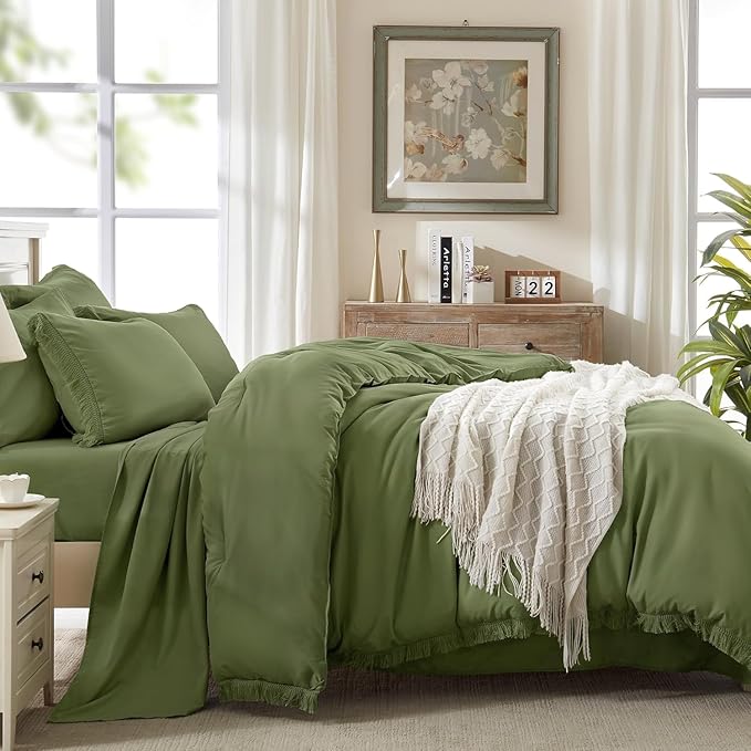 Andency Oversized King Comforter Set with Sheets 128x120 Olive Green - 7 Pieces Bed in a Bag Boho Soft Lightweight Bedding Sets, Tassel Bed Set with Comforter, Sheets, Pillowcases & Shams