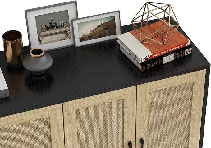 Panana Buffet Storage Cabinet with Rattan Decorating 4 Doors Living Room Kitchen Sideboard 48.43 x 34.65 x 15 inch (Black)