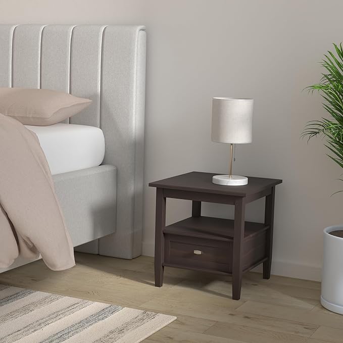 SIMPLIHOME Warm Shaker End Table - 20 inch Wide Solid Wood Side Table in Tobacco Brown, Transitional Accent Table for Living Room or Bedroom with Drawer, Open Shelf and Square Tapered Legs