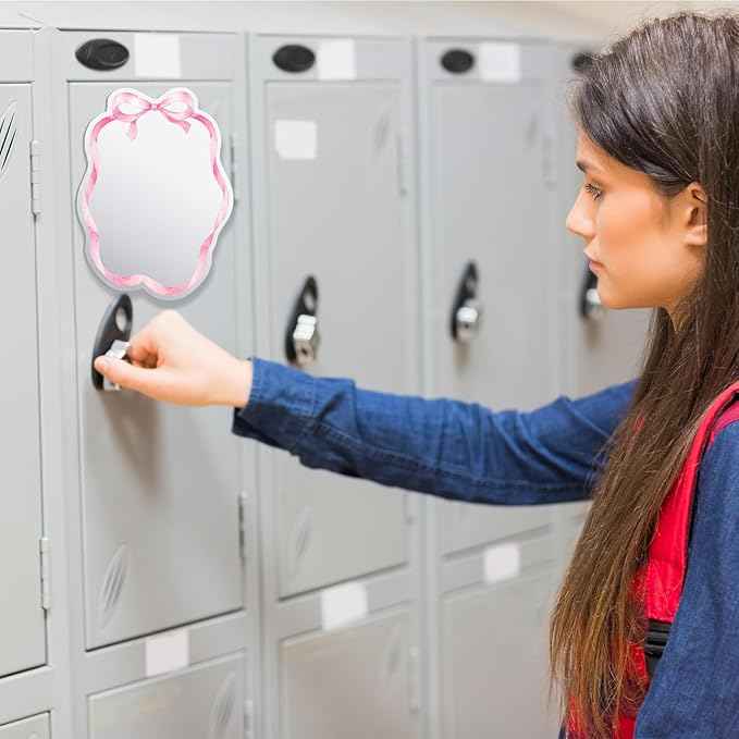 JarThenaAMCS Pink Bow Magnetic Locker Mirror with Magnetic Backing 7.9 x 5.9 Inch Coquette Acrylic Makeup Mirror for Home Dorm Office Bathroom Cabinet Decor