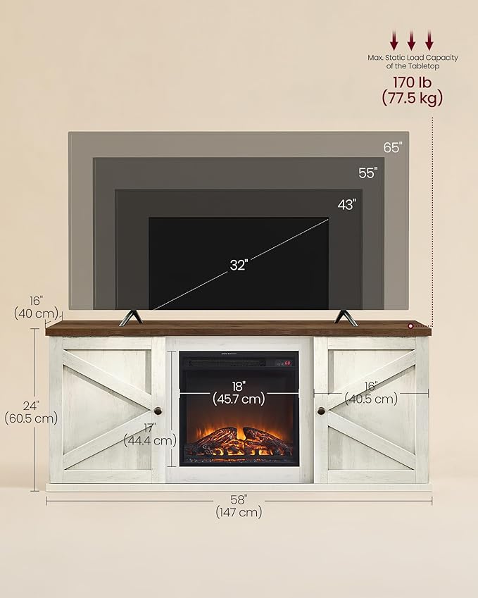 VASAGLE Fireplace TV Stand for TVs up to 65 Inches, 18-Inch ELectric Fireplace with Remote, Farmhouse Entertainment Center, Media Console Table for Living Room, Rustic White and Honey Brown ULTV540W01