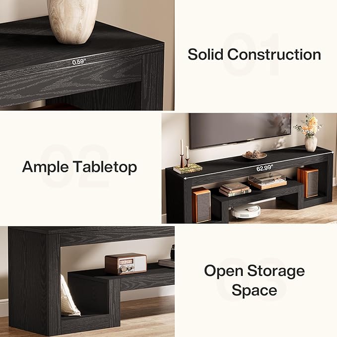 Tribesigns 63-Inch TV Stand for 55/60/65/75-Inch TVs, Farmhouse Entertainment Center with Open Storage Shelves, Black Television Console for Living Room, Bedroom