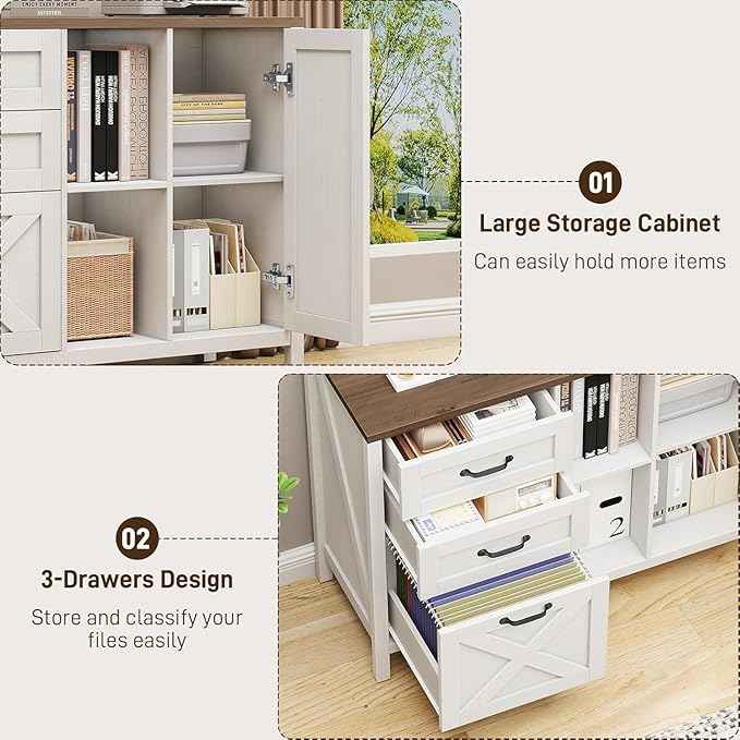 Vabches Lateral File Cabinet, Farmhouse 3 Drawer File Cabinet with Open Storage Shelf for Letter/Legal/A4 Size Hanging Files, Large Wood Storage Cabinets Printer Stand for Home Office, White