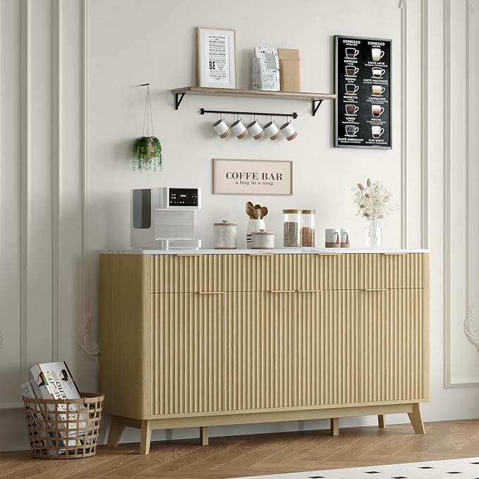 IDEALHOUSE 60" Large Farmhouse Sideboard Buffet Cabinet with Storage Drawers & Adjustable Shelves, Wood Fluted Buffet Storage Cabinet & Coffee Bar Console Table for Living Room & Kitchen Dining Room