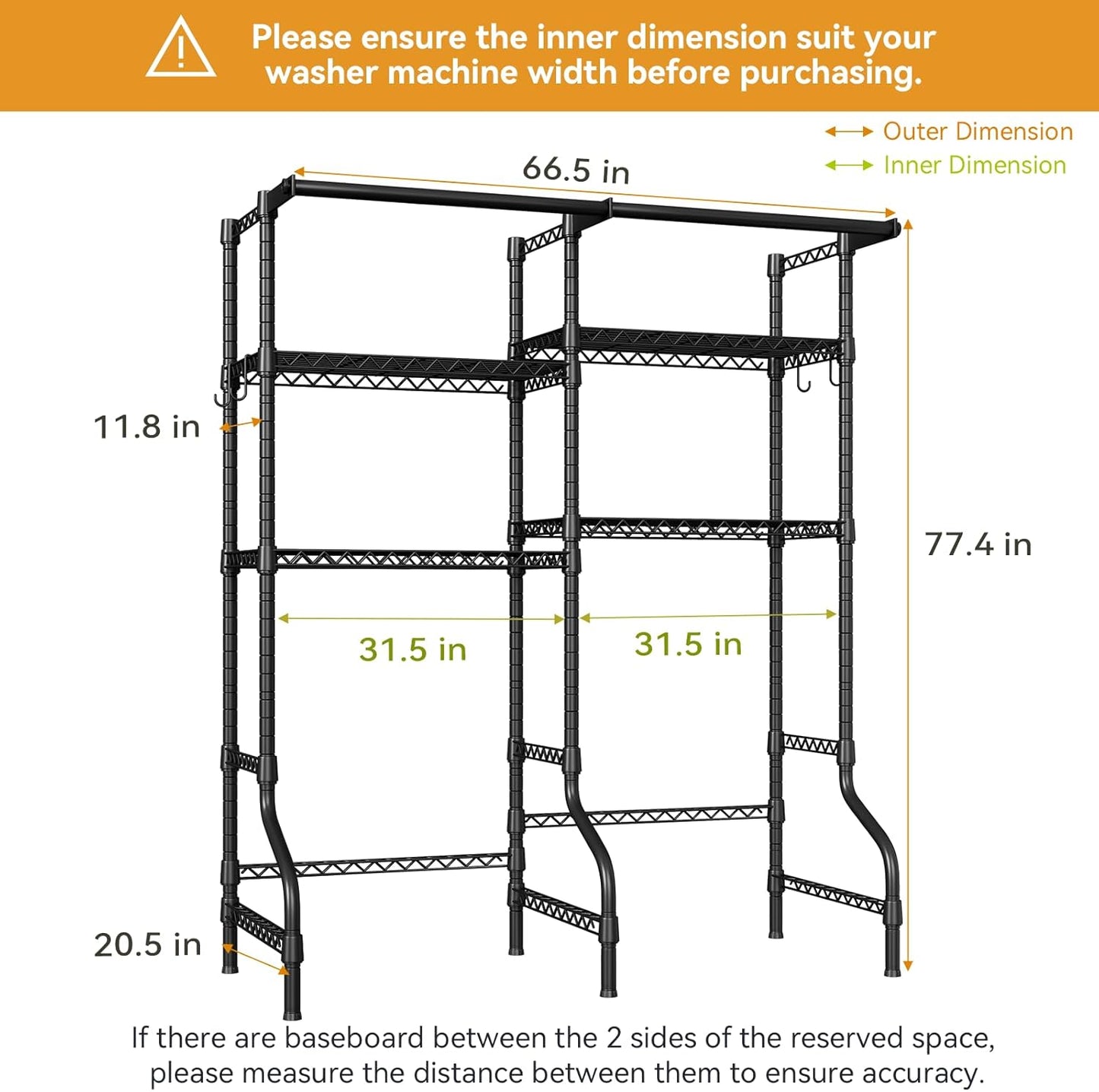 U14 Over Washer and Dryer Storage Shelves, 4 Tiers Laundry Room Storage and Organizer System, Space Saving Clothes Drying Rack with 2 Clothes Hanger Rods, 66.5" W x 20.5" D x 77.4" H, Black