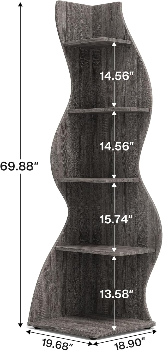 Tribesigns Corner Shelf, Modern 5-Tier Wall Corner Bookshelf, Stylish Corner Small Bookcase Storage Rack Plant Stand with Unique Shape for Living Room, Home Office(Gray, 2PCS)