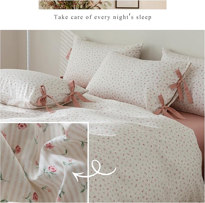 LifeTB Boho Farmhouse Comforter Set Twin XL Botanical Floral Bedding Comforter with 2 Bow Tie Pillowcases Coquette Flowers Comforter Soft Fluffy Cottagecore Floral Stripes Bedding Set for Teen Girls