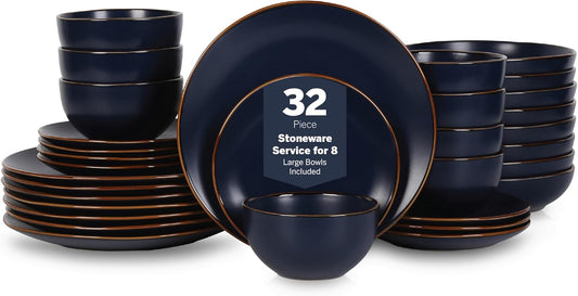Stone Lain Brasa Modern Stoneware 32 Piece Dinnerware Sets, Plates and bowls Sets, Dish Set for 8, Blue