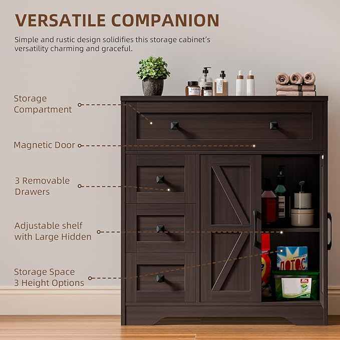 Vabches Farmhouse Storage Cabinet with 2 Doors and 4 Drawers, Freestanding Bathroom Storage Cabinet Kitchen Pantry, Floor Cupboard for Living Room/Bathroom/Kitchen,Espresso