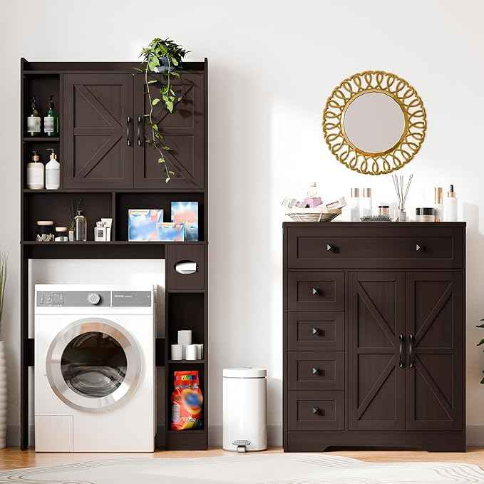 Vabches Farmhouse Storage Cabinet with 2 Doors and 5 Drawers, Freestanding Bathroom Cabinets Kitchen Pantry, Floor Storage Cabinet Hutch Cupboard for Living Room/Bathroom/Kitchen.（Espresso