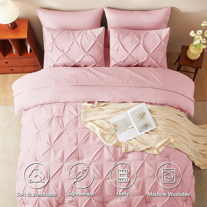 CozyLux Queen Comforter Set Pink, 7 Pieces Pintuck Bed in A Bag, Premium Pink Comforter Queen Size, Pinch Pleat Bedding Sets with Comforter, Sheets, Pillowcases & Shams