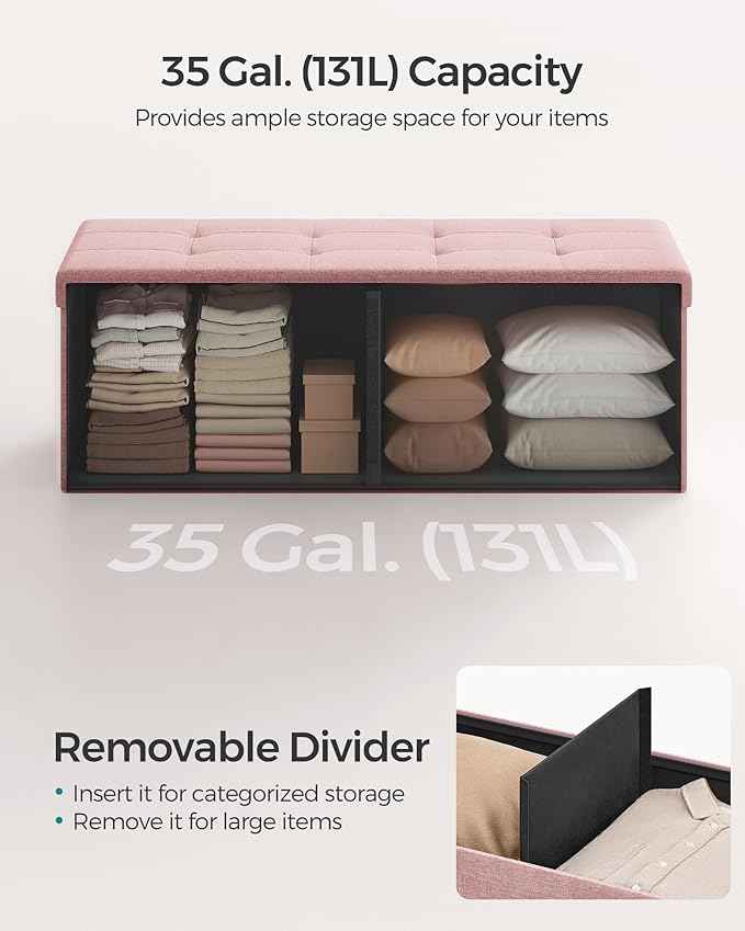 SONGMICS MAZIE Collection - 43 Inches Folding Storage Ottoman Bench, Ottoman Foot Rest, End of Bed Bench, Storage Chest, Load 660 lb, for Living Room, Bedroom, Entryway, Jelly Pink ULSF077R11