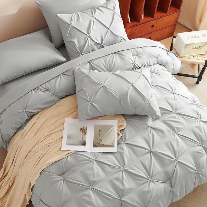 CozyLux Full Size Comforter Sets Light Grey, 7 Pieces Pintuck Bed in A Bag Gray Comforter Full Size, Pinch Pleat Bedding Sets with All Season Comforter, Sheets, Pillowcases & Shams