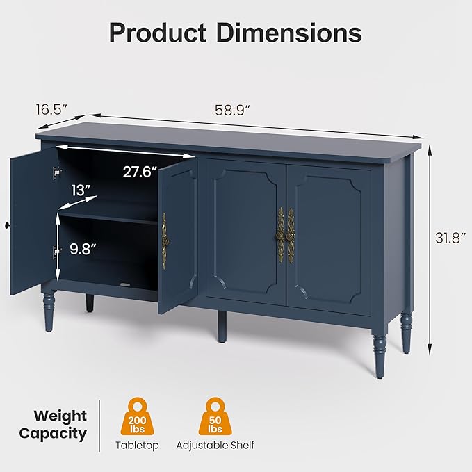RoyalCraft 59" Buffet Cabinet with Storage, Vintage Sideboard with Adjustable Shelves & Carved Handle, Mid Century Modern Painted Credenza Coffee Bar for Kitchen, Dining Room, Navy Blue