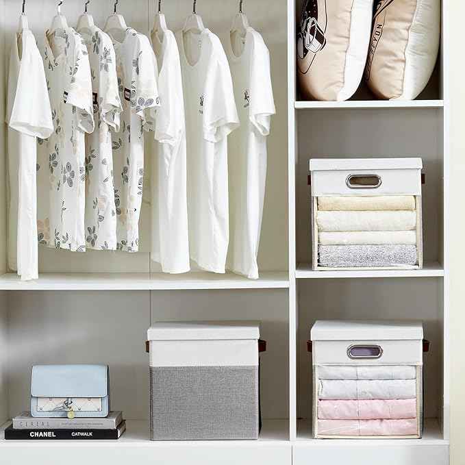 Fabric Storage Cubes with Clear Windows and Lids, 11'' Foldable Storage Bins with 3 Handles, Decorative Storage Boxes for Home, Bedroom, Closet, Office (Gray & White)