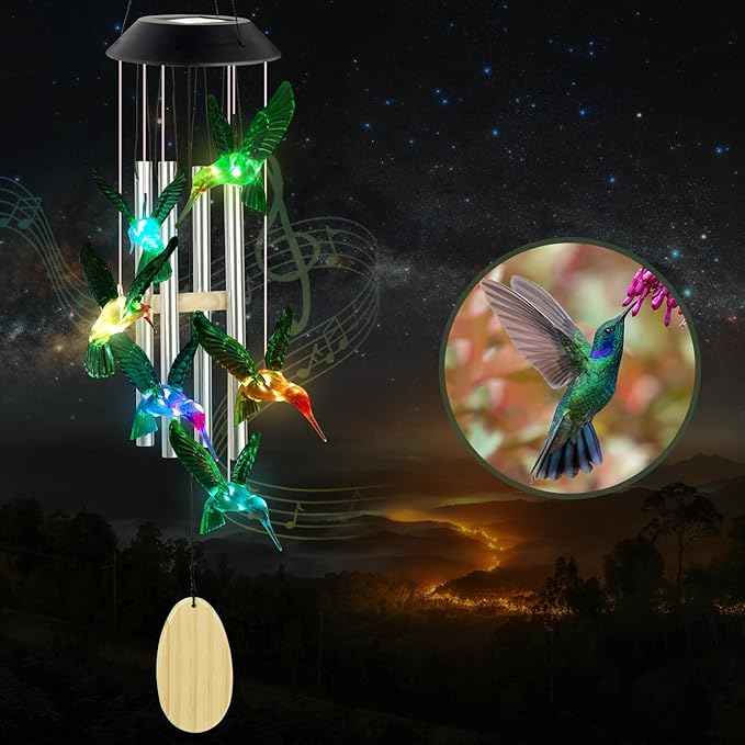 Hummingbird Decorative Mobiles Gifts, Solar Hummingbird Wind Chimes, Gifts for Mom, Women, Grandma, Garden Courtyard Lawn Decor, Gift for Christmas and New Year