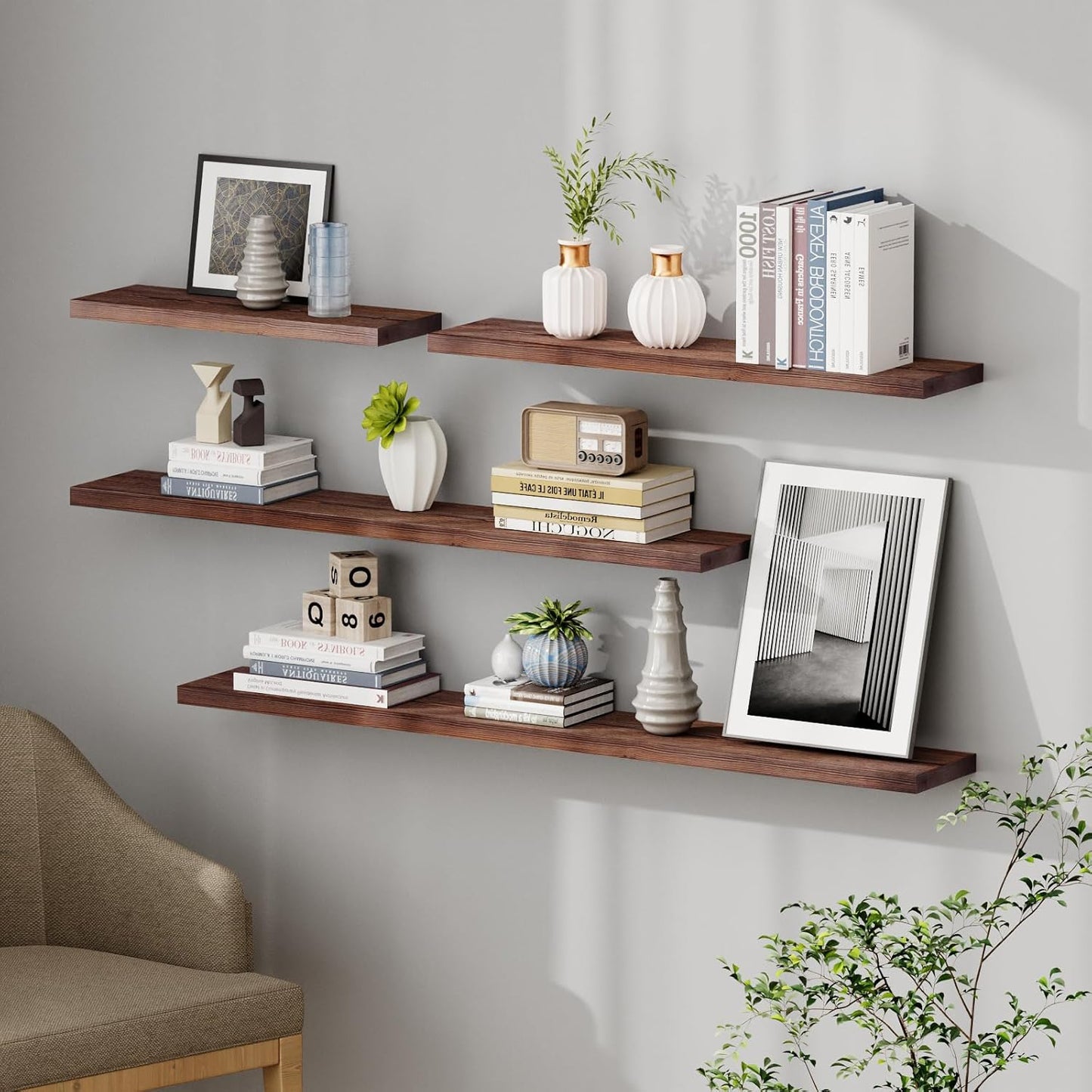 SAUMONIERES Floating Shelves 8 Inch Deep Solid Wood Wide Wall Shelf Set of 2 Wall Mounted for Bedroom Bathroom Living Room Kitchen, 36 Inch Walnut