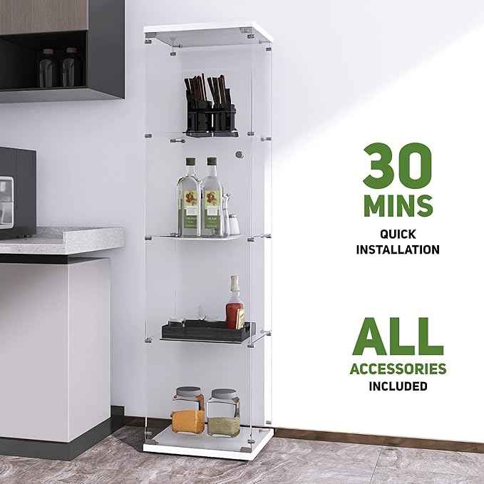 Beauty4U Glass Display Cabinet with 4 Shelves, Curio Cabinets for Living Room, Bedroom, Office, White Floor Standing Glass Bookshelf, Quick Installation