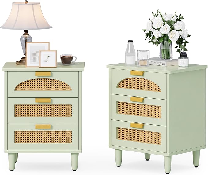 LITTLE TREE Rattan Nightstand Set of 2, Mint Green End Table with 3 Drawers for Couch, Wooden Bedside Table for Bedroom, Easy Assembly