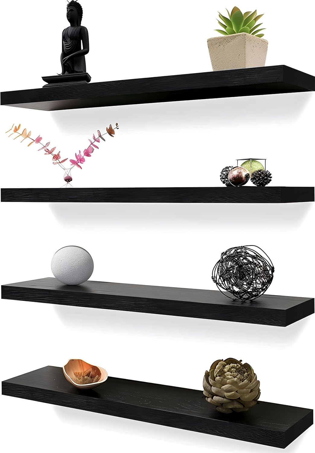 Wood Floating Shelves for Wall Decor, Rustic Wall Shelves for Bedroom Bathroom Kitchen Living Room, Set of 4 Black 24 Inch - Décor Diaries