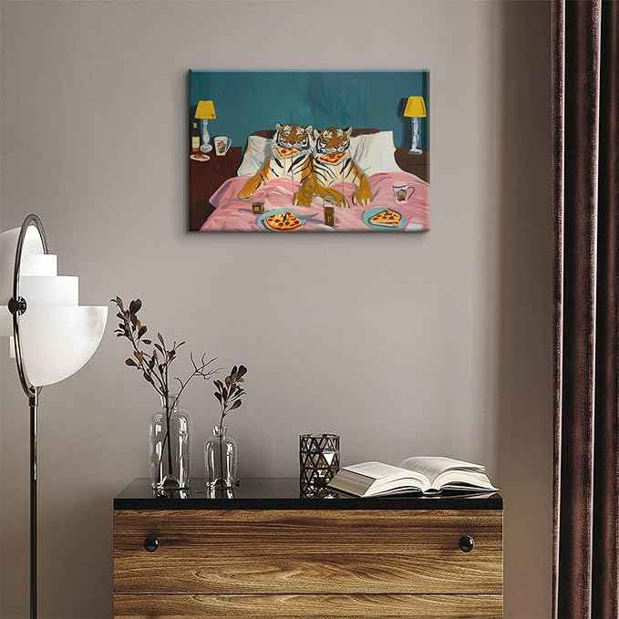 LSXARTQQ Funny Tiger Eating Pizza in Bed Wall Art Vintage Fun Tigers Couple Canvas Wall Decor Maximalist Blue Pink Jungle Animal Paintings Eclectic Whimsical Bedroom Picture Print(12x16inch)