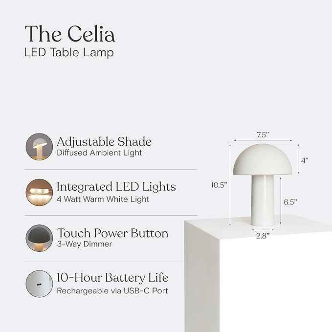 Brightech Celia Table Lamp – 10" Touch-Controlled Mushroom Small Lamp, Cordless & Dimmable LED, Portable Bedside Night Light, Sustainable Mood Light, Recycled Modern Patio Lamp for Home Décor – Cream