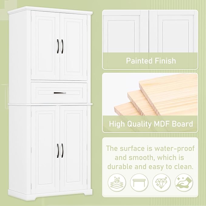 72" Storage Cabinet with Multi-Functional Rack Organizer, Tall Kitchen Cupboard Pantry for Home/Living Room/Office/Bathroom, Adjustable Shelf, White