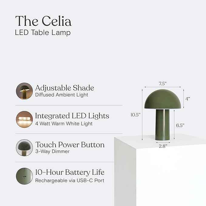 Brightech Celia Table Lamp – 10" Touch-Controlled Mushroom Desk Lamp, Cordless & Dimmable LED, Portable Bedside Night Light, Sustainable Mood Light, Recycled Modern Patio Lamp for Home Décor – Green