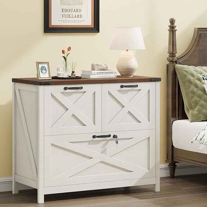 Vabches Lateral File Cabinet with 3 Drawers, Farmhouse File Cabinet with Lock for Letter/A4/Legal Size Hanging Files, Wood File Storage Cabinets Printer Stand for Home Office Cabinets, Rustic White