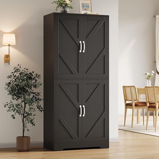 IDEALHOUSE 70" Kitchen Pantry Storage Cabinet, Farmhouse Kitchen Cabinet with 4 Doors & 3 Adjustable Shelves, Freestanding Cupboard for Dining Room,Living Room,Black