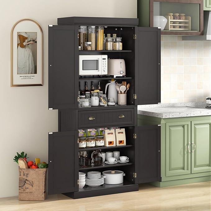 Nightcore Freestanding Kitchen Pantry Cupboard, 6ft Wood Cupboard w/ 4 Adjustable Shelves, 2 Wood Pantries, & 1 Drawer, Utility Storage Cabinet for Kitchen, Hallway, Living Room, Bathroom (Espresso)