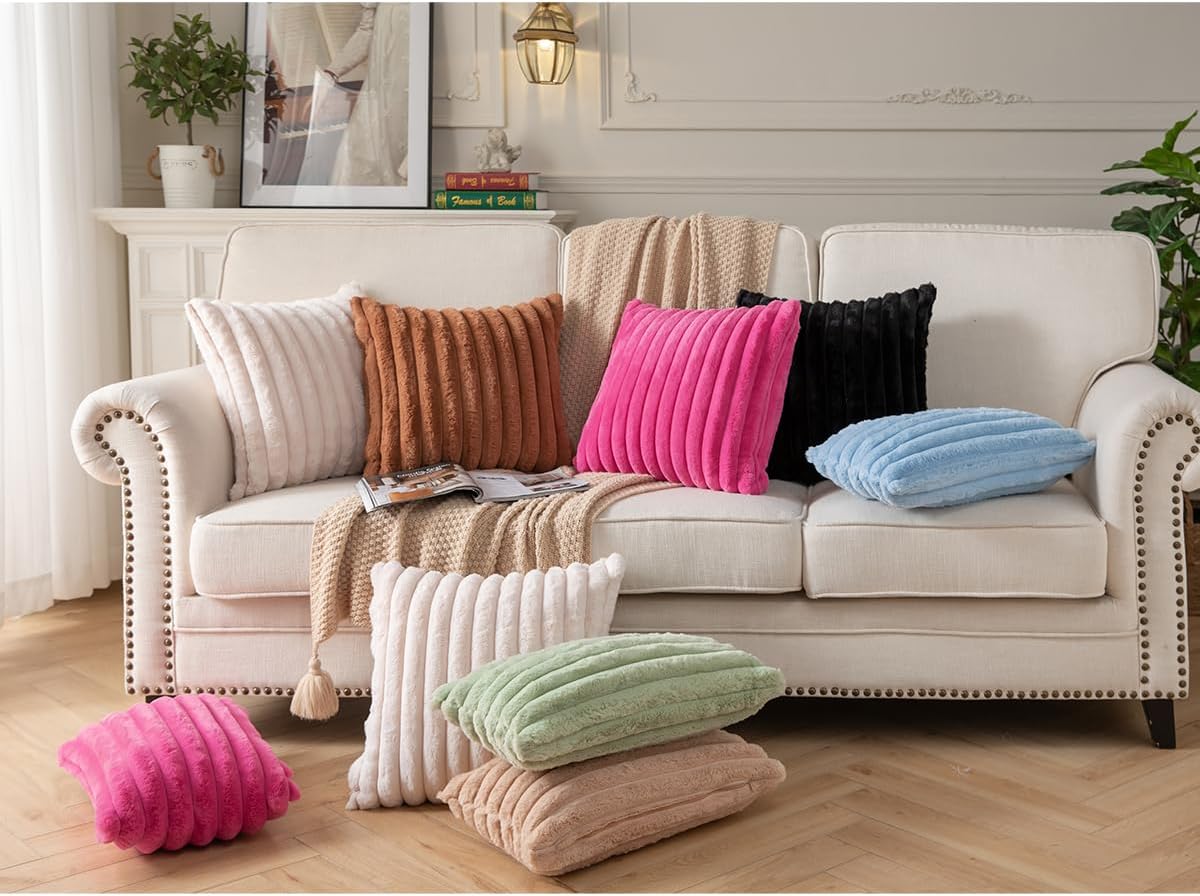 DEELAND Pack of 2,Double-Sided Faux Fur Plush Decorative Throw Pillow Covers Fuzzy Striped Soft Pillowcase Cushion Covers for Sofa Couch Bedroom Beige 18x18 inch