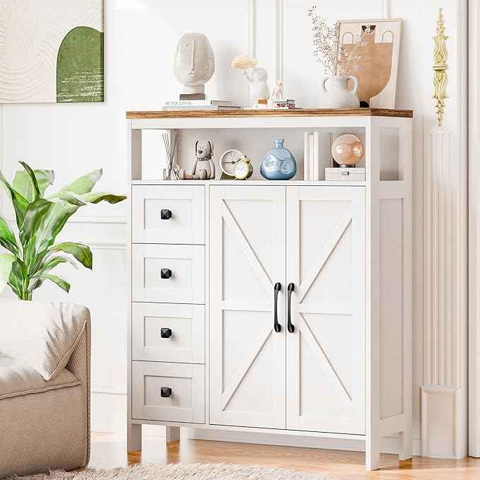 Vabches Farmhouse Storage Cabinet with 2 Doors and 4 Drawers, Freestanding Bathroom Storage Cabinets, Kitchen Pantry Cabinet, Floor Hutch Cupboard for Kitchen/Living Room/Bathroom(Unique White).