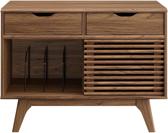 Modway Render Mid-Century Modern Vinyl Record Storage Display Cabinet, 37 Inch, Walnut