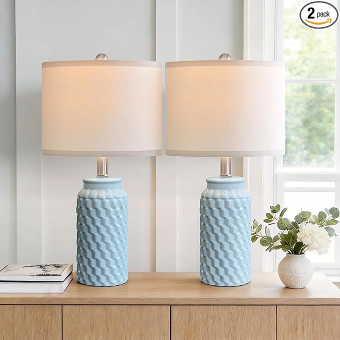 20.5" Light Blue Modern Ceramic Bedside Lamp Set of 2 for Bedroom Decor Farmhouse Table Lamp for Living Room Office Dorm