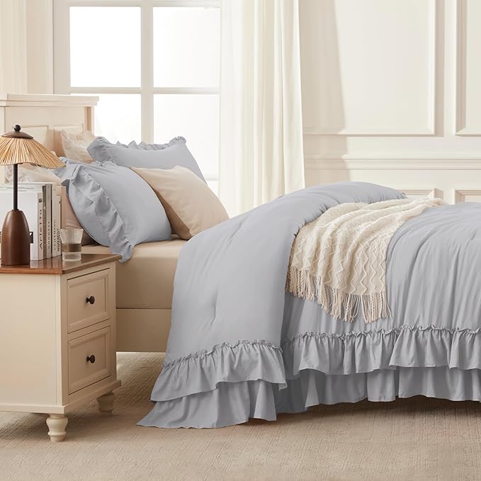 Andency Light Gray Ruffle Comforter Full Set, 3pcs Vintage Farmhouse Shabby Chic Bedding Comforter Set, Soft Lightweight Fluffy Bed Comforter Sets All Season Bedding Set